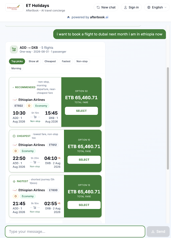AfterBook AI servicing agent - ET Holidays